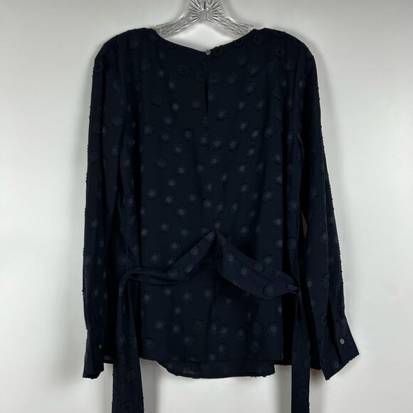 Loft Floral Swiss Dot Tie Blouse Light Weight Navy Blue Womens Size Small - Picture 8 of 11